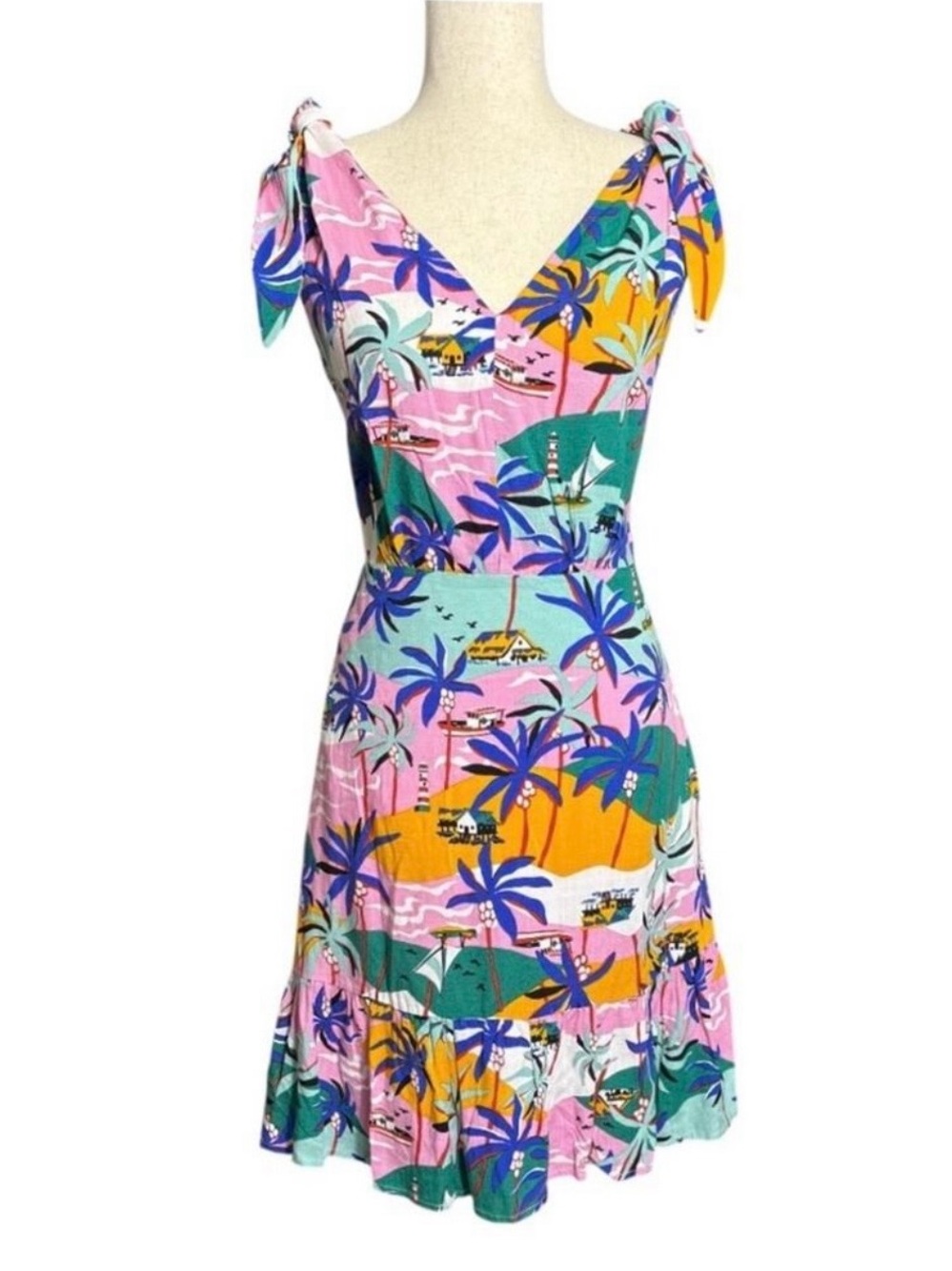 Sam Edelman Tropical V-Neck Tie-Shoulder Midi Dress in Pink & Teal & Yellow